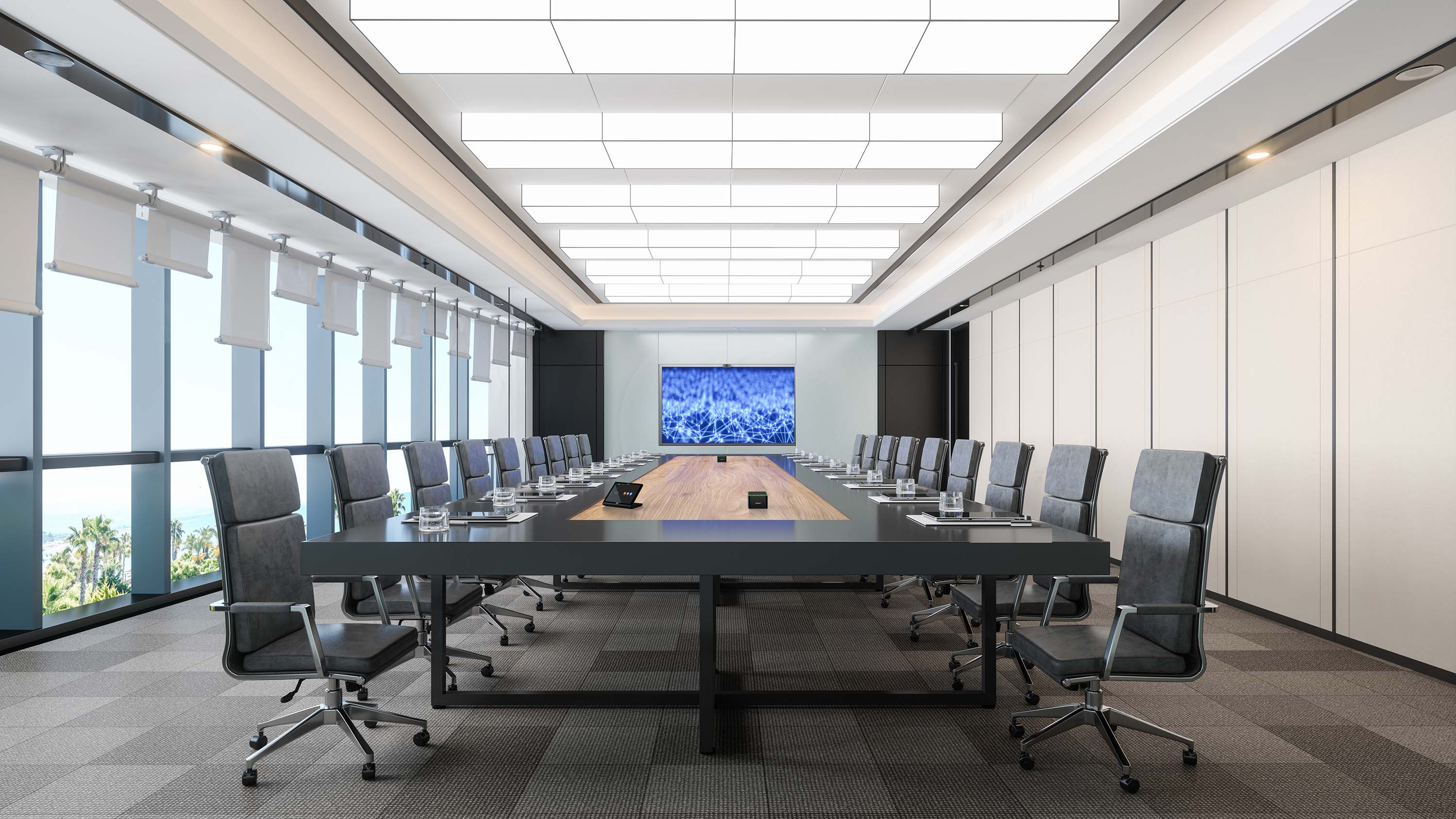 conference room with blue chairs
