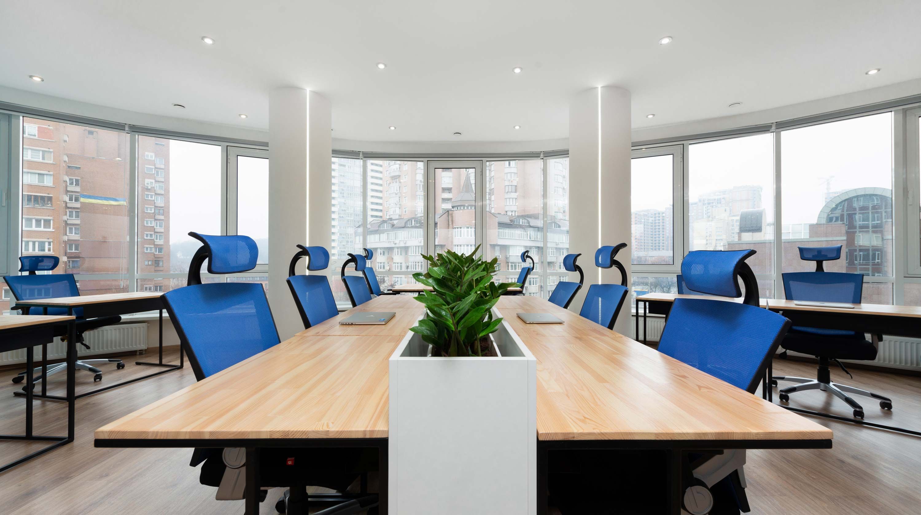 conference room with blue chairs